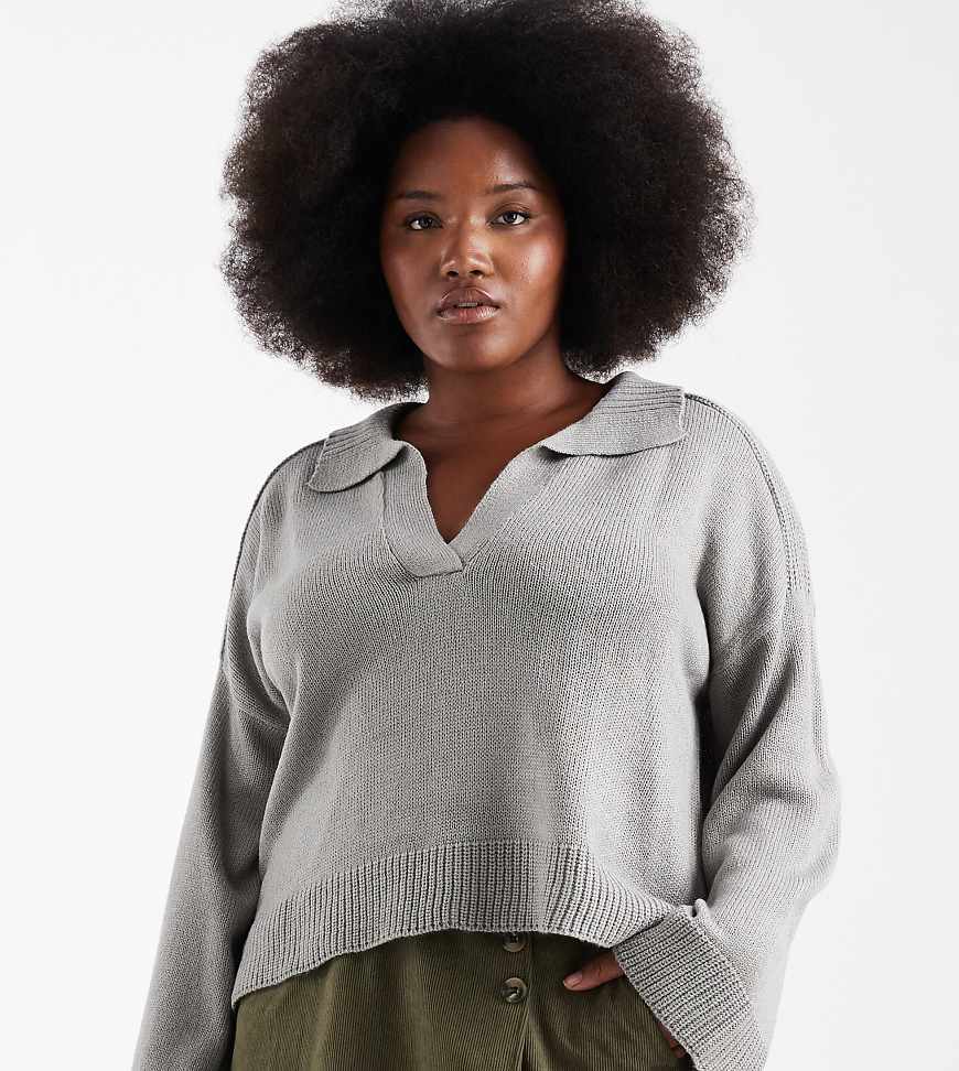 Brave Soul Curve - Strickpullover in Grau mit Polo-Ausschnitt und weiten Ärmeln von Brave Soul