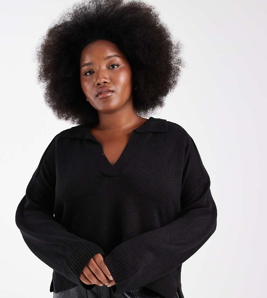 Brave Soul Curve - Strickpullover in Schwarz mit Polo-Ausschnitt und weiten Ärmeln von Brave Soul