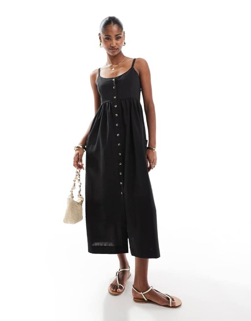 Brave Soul - Geknöpftes Träger-Midikleid in Schwarz von Brave Soul