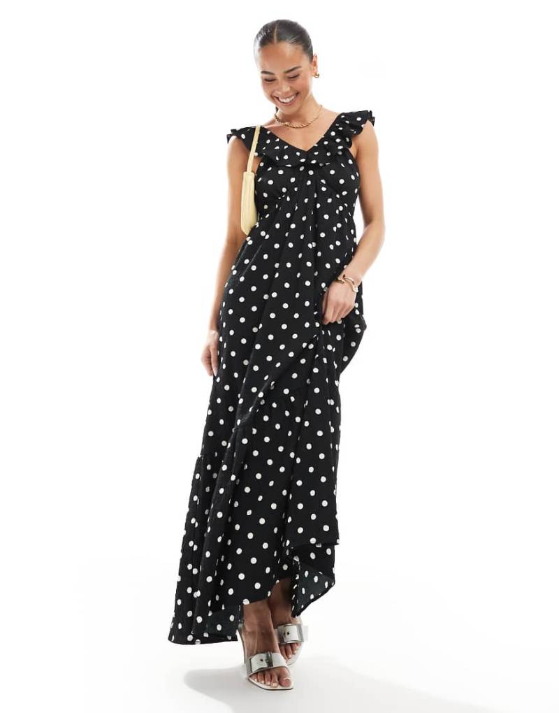 Brave Soul - Gepunktetes Maxikleid in Schwarz mit Rüschendetail von Brave Soul