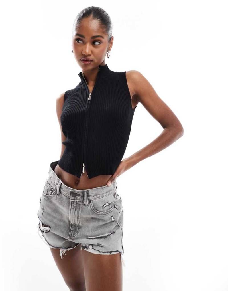 Brave Soul - Gerippte Strickweste in Schwarz mit Reißverschluss von Brave Soul