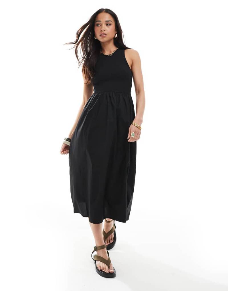 Brave Soul - Geripptes Midikleid in Schwarz mit Popeline-Rock von Brave Soul