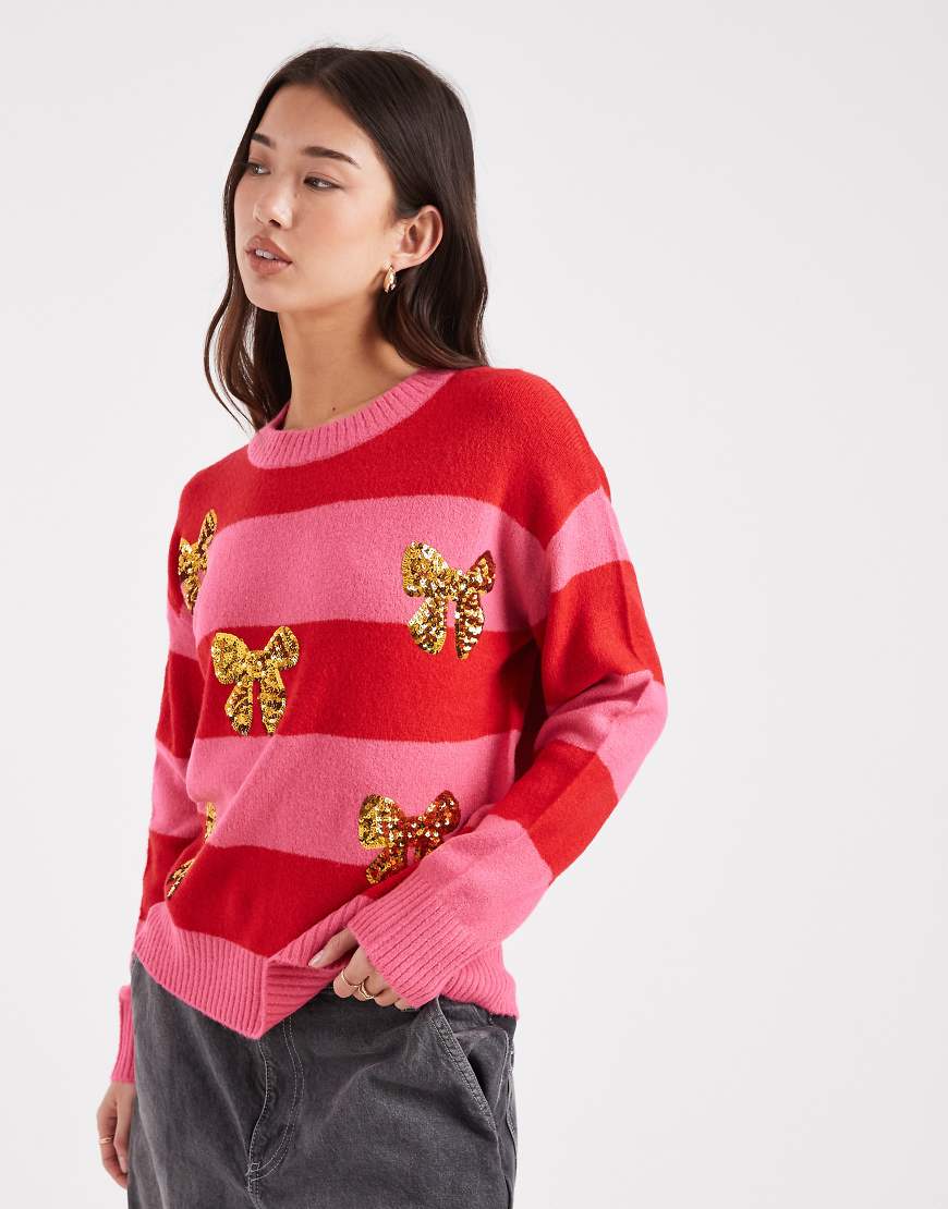 Brave Soul - Gestreifter Pullover in Rosa und Rot mit Rundhalsausschnitt und Pailletten-Schleifen von Brave Soul