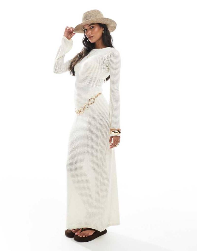 Brave Soul - Langärmliges, durchscheinendes Strand-Maxikleid aus Strickstoff in Creme-Weiß von Brave Soul