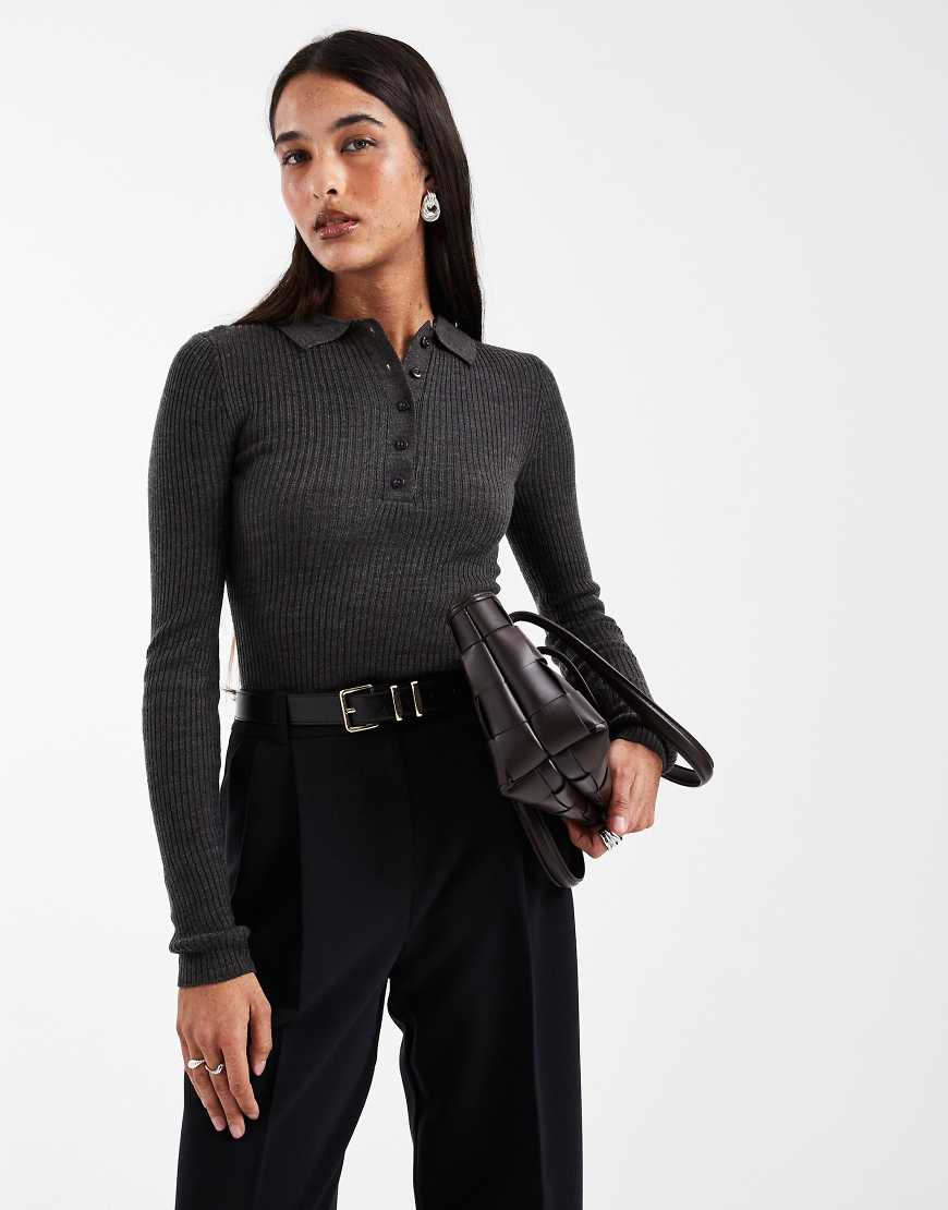 Brave Soul - Langärmliges Strick-Poloshirt in Anthrazit mit Knopfleiste-Grau von Brave Soul