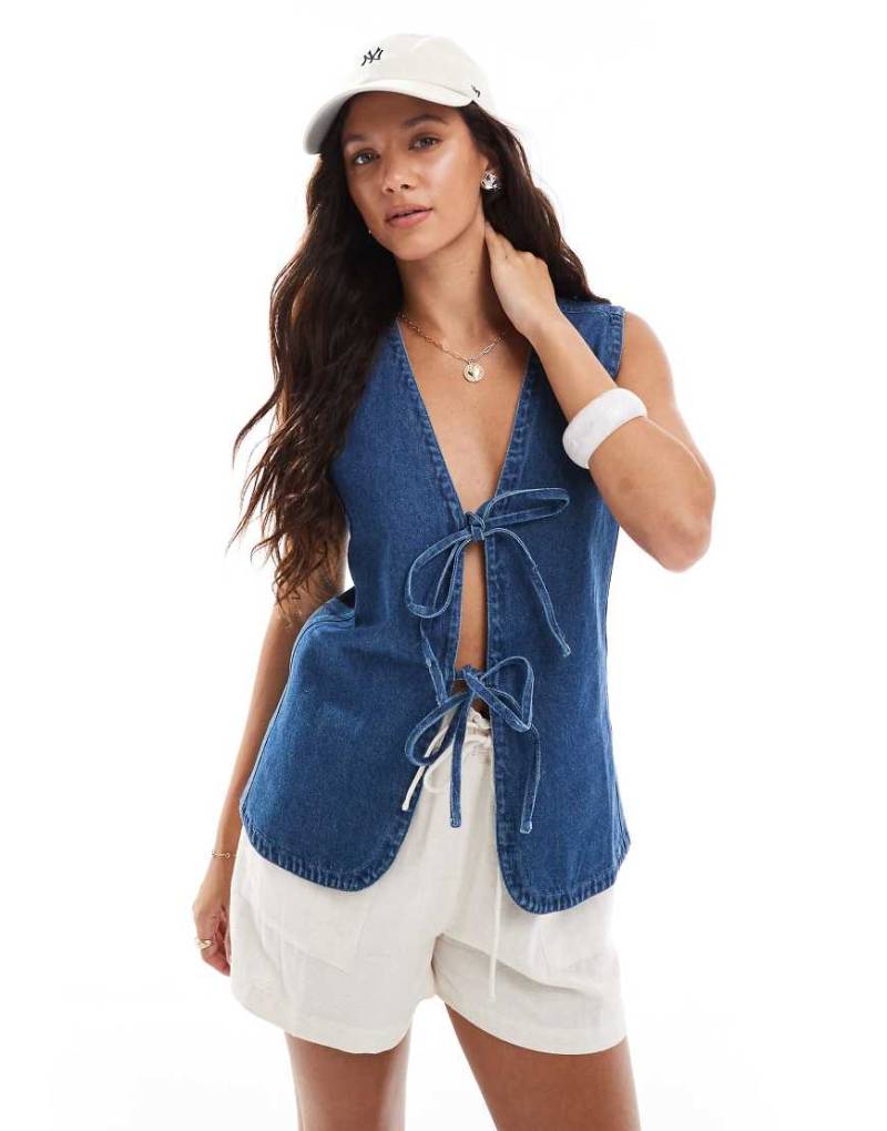 Brave Soul - Lange Weste aus Baumwoll-Denim in Blau mit Schnürung vorne von Brave Soul