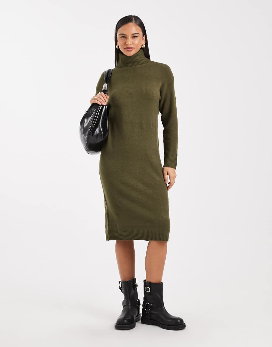 Brave Soul - Maxikleid aus Strick in Khaki mit Stehkragen-Grün von Brave Soul