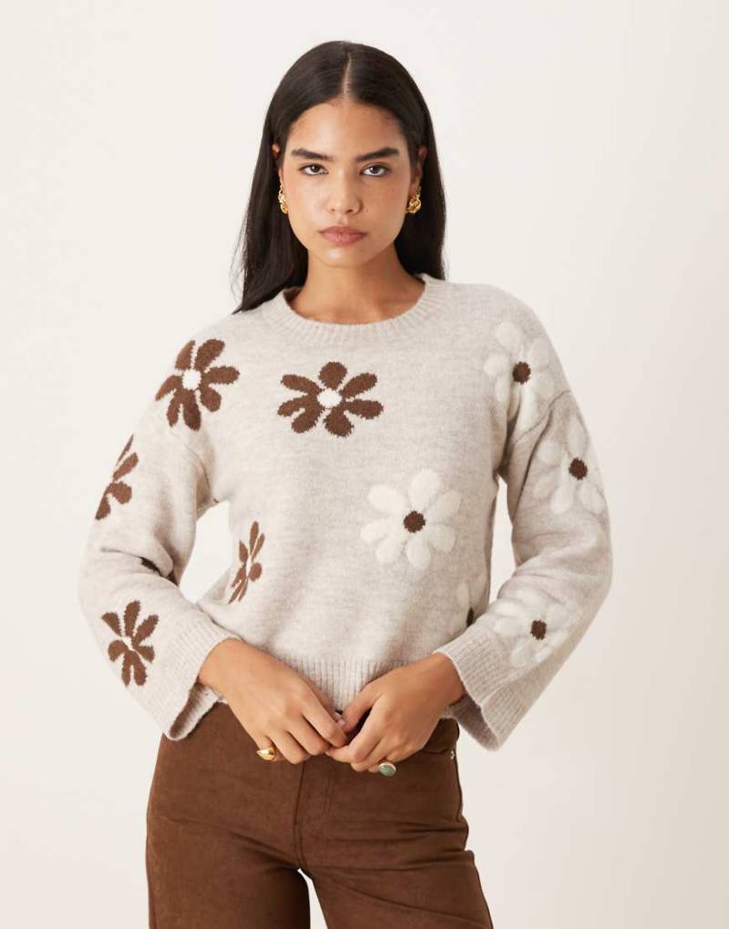 Brave Soul - Mehrfarbiger Strickpullover mit Rundhalsausschnitt und Blumenverzierung-Bunt von Brave Soul