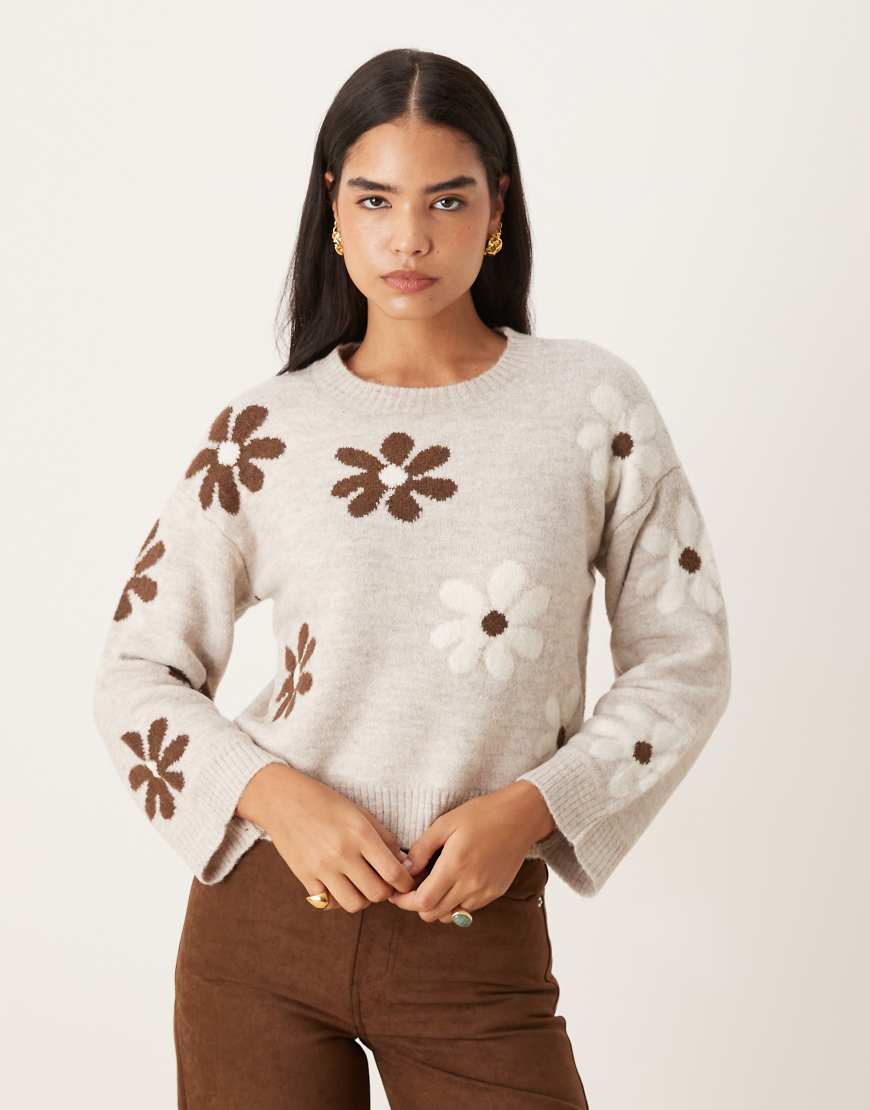 Brave Soul - Mehrfarbiger Strickpullover mit Rundhalsausschnitt und Blumenverzierung-Bunt von Brave Soul
