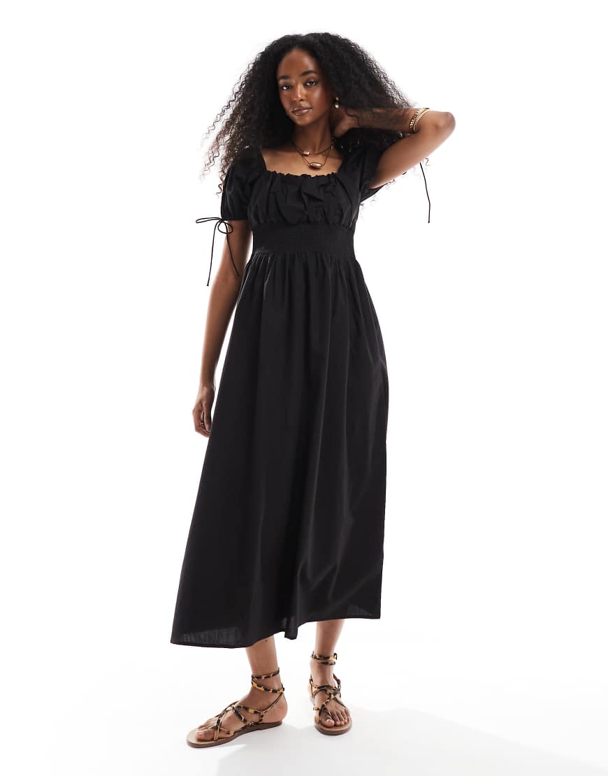 Brave Soul - Midikleid im Milchmädchen-Stil in Schwarz mit eckigem Ausschnitt und Puffärmeln von Brave Soul