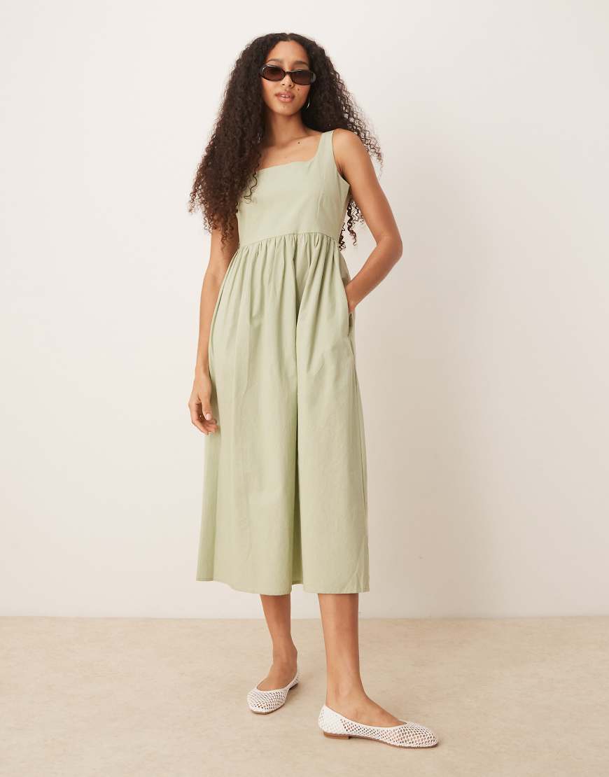 Brave Soul - Midikleid in Salbeigrün mit hohem Baumwollanteil und quadratischem Ausschnitt von Brave Soul