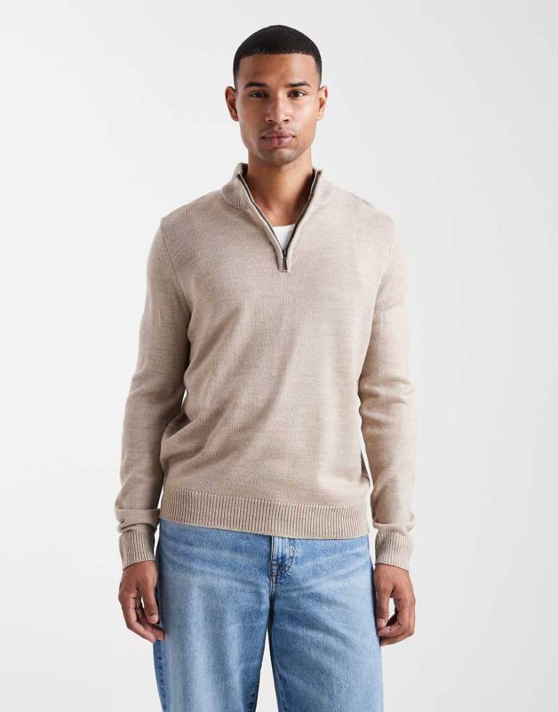 Brave Soul - Mittelschwerer Strickpullover in Beige mit kurzem Reißverschluss-Neutral von Brave Soul