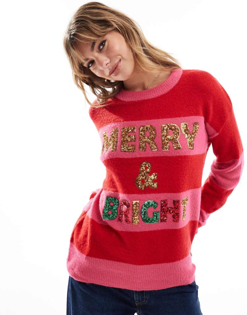 Brave Soul - Oversize-Weihnachtspullover in Rosa und Rot gestreift mit Pailletten von Brave Soul
