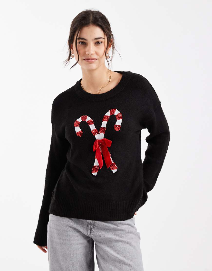 Brave Soul - Oversize-Weihnachtspullover in Schwarz mit Zuckerstangen-Motiv mit Paillettenbesatz von Brave Soul