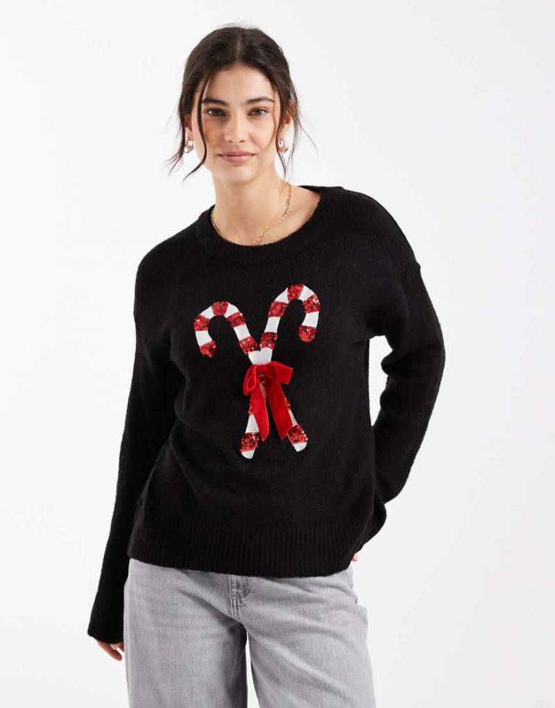 Brave Soul - Oversize-Weihnachtspullover in Schwarz mit Zuckerstangen-Motiv mit Paillettenbesatz von Brave Soul