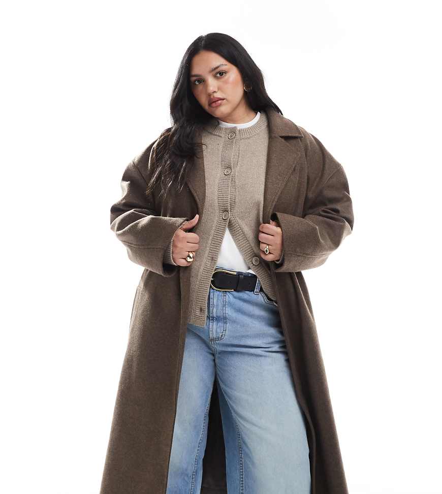 Brave Soul Plus - Longline-Jacke aus Wollimitat in Braun mit Gürtel-Brown Brave Soul Plus - Longline-Jacke aus Wollimitat in Braun mit Gürtel-Brown von Brave Soul