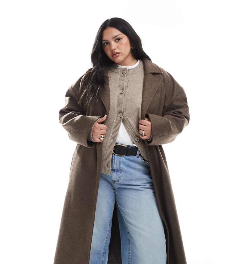 Brave Soul Plus - Longline-Jacke aus Wollimitat in Braun mit Gürtel-Brown von Brave Soul