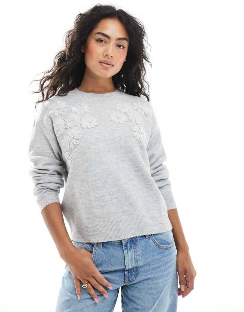 Brave Soul - Pullover in Grau mit Rundhalsausschnitt und Blumenstickerei von Brave Soul