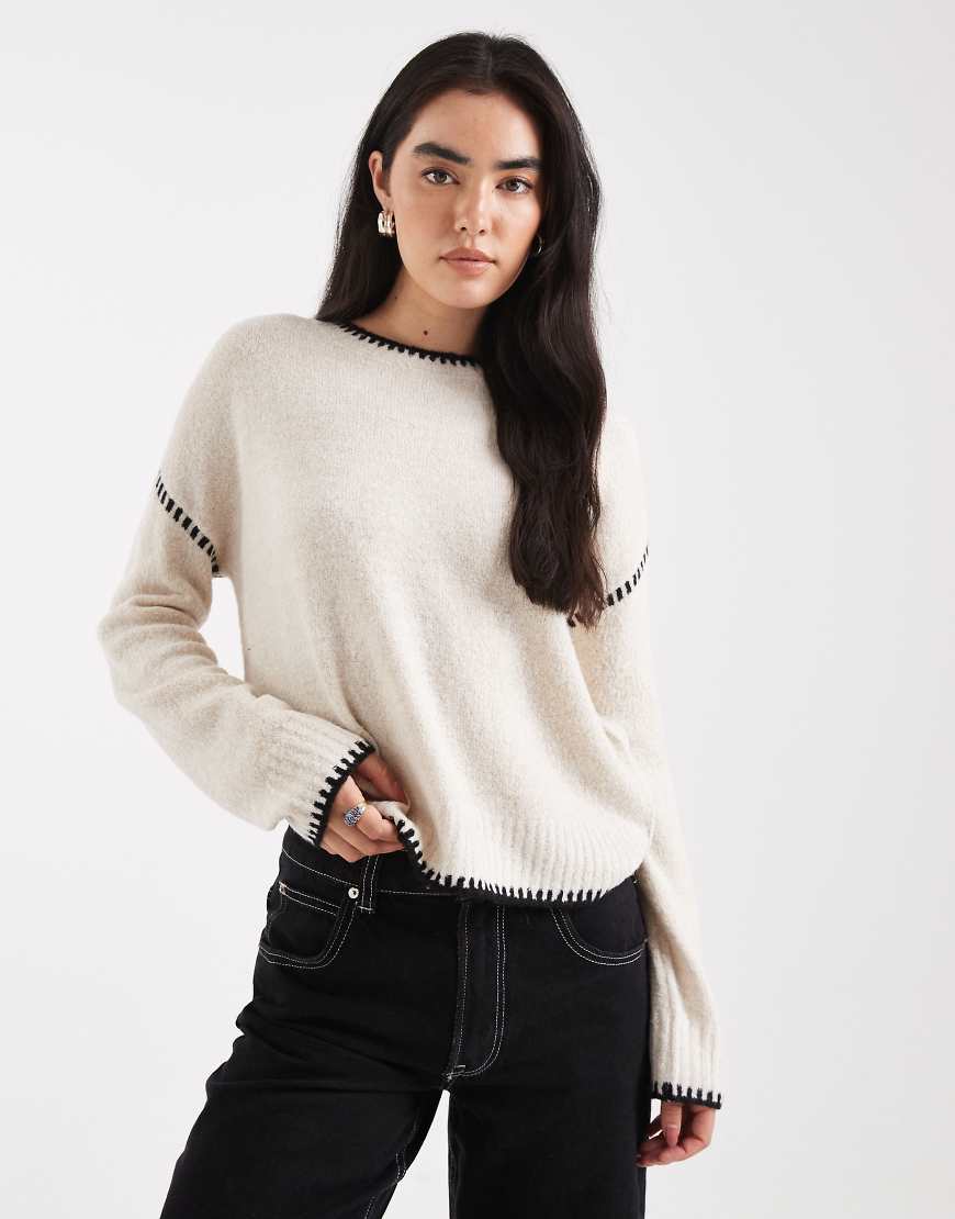 Brave Soul - Pullover in Hellbeige mit Rundhalsausschnitt und Kontrastnähten-Neutral von Brave Soul