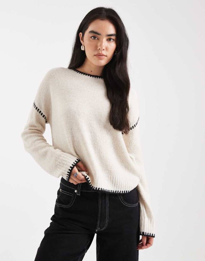 Brave Soul - Pullover in Hellbeige mit Rundhalsausschnitt und Kontrastnähten-Neutral von Brave Soul