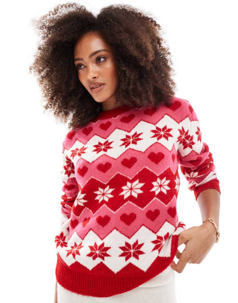 Brave Soul - Pullover in Rot mit Rundhalsausschnitt und weihnachtlichem Schneeflockenmuster von Brave Soul