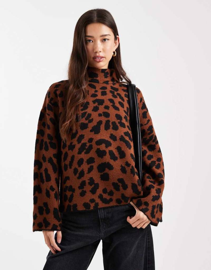 Brave Soul - Rollkragenpullover mit Leopardenmuster-Schwarz von Brave Soul