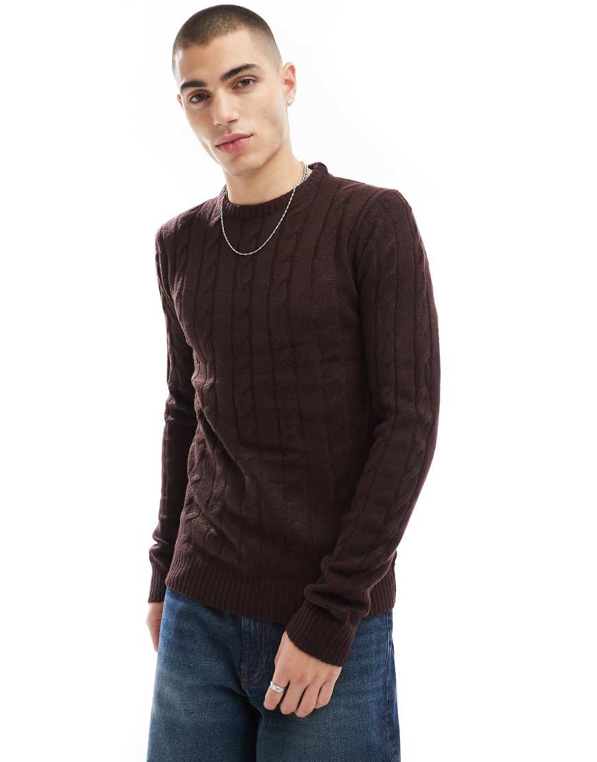Brave Soul - Strickpullover in Burgunder mit Rundhalsausschnitt und Zopfmuster-Rot Brave Soul - Strickpullover in Burgunder mit Rundhalsausschnitt und Zopfmuster-Rot von Brave Soul