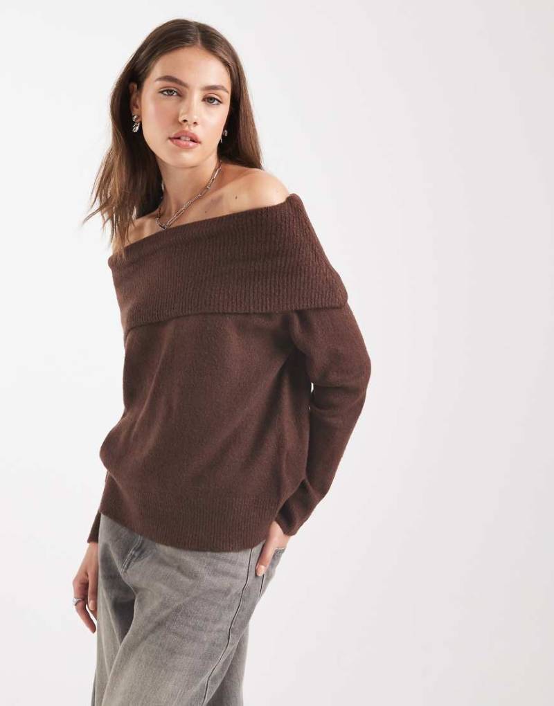 Brave Soul - Strickpullover in Burgunderrot mit Carmen-Ausschnitt Brave Soul - Strickpullover in Burgunderrot mit Carmen-Ausschnitt von Brave Soul