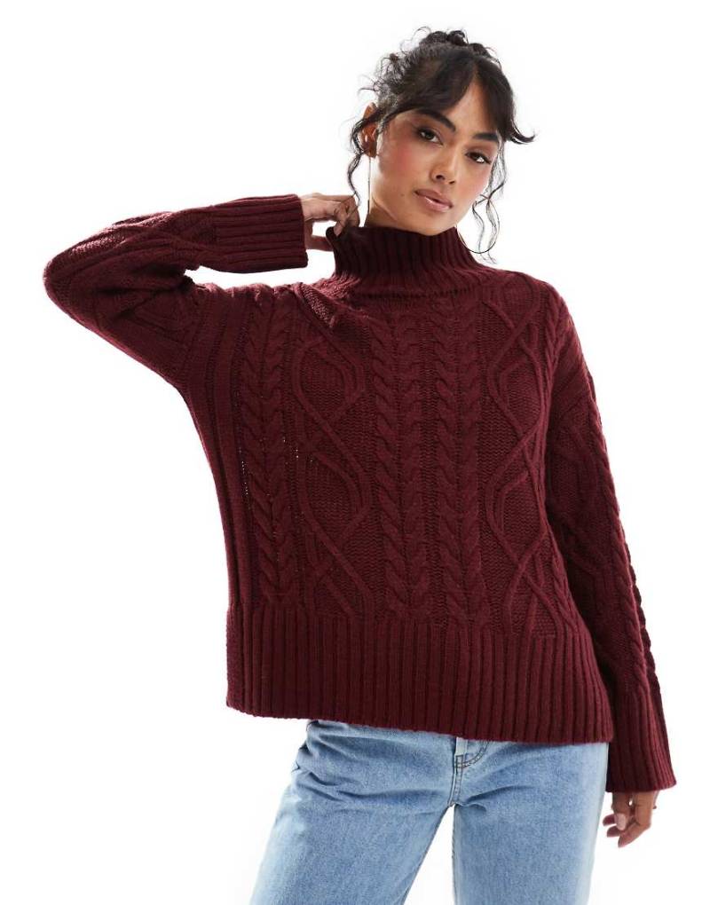 Brave Soul - Strickpullover in Burgunderrot mit Rollkragen und Zopfmuster von Brave Soul
