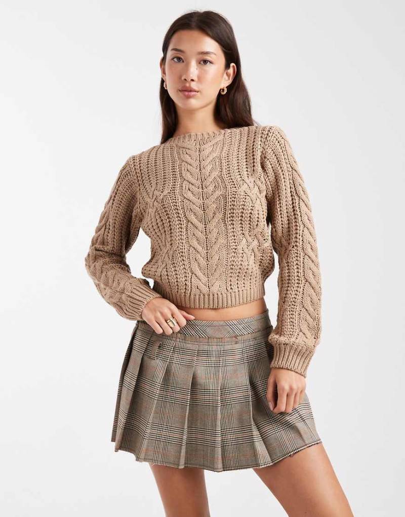 Brave Soul - Strickpullover in Nerzbeige mit Rundhalsausschnitt und Zopfmuster-Neutral von Brave Soul