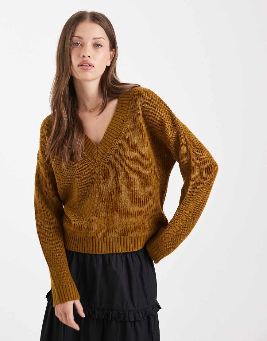 Brave Soul - Strickpullover in Olivgrün mit tiefem V-Ausschnitt und Patentmuster von Brave Soul