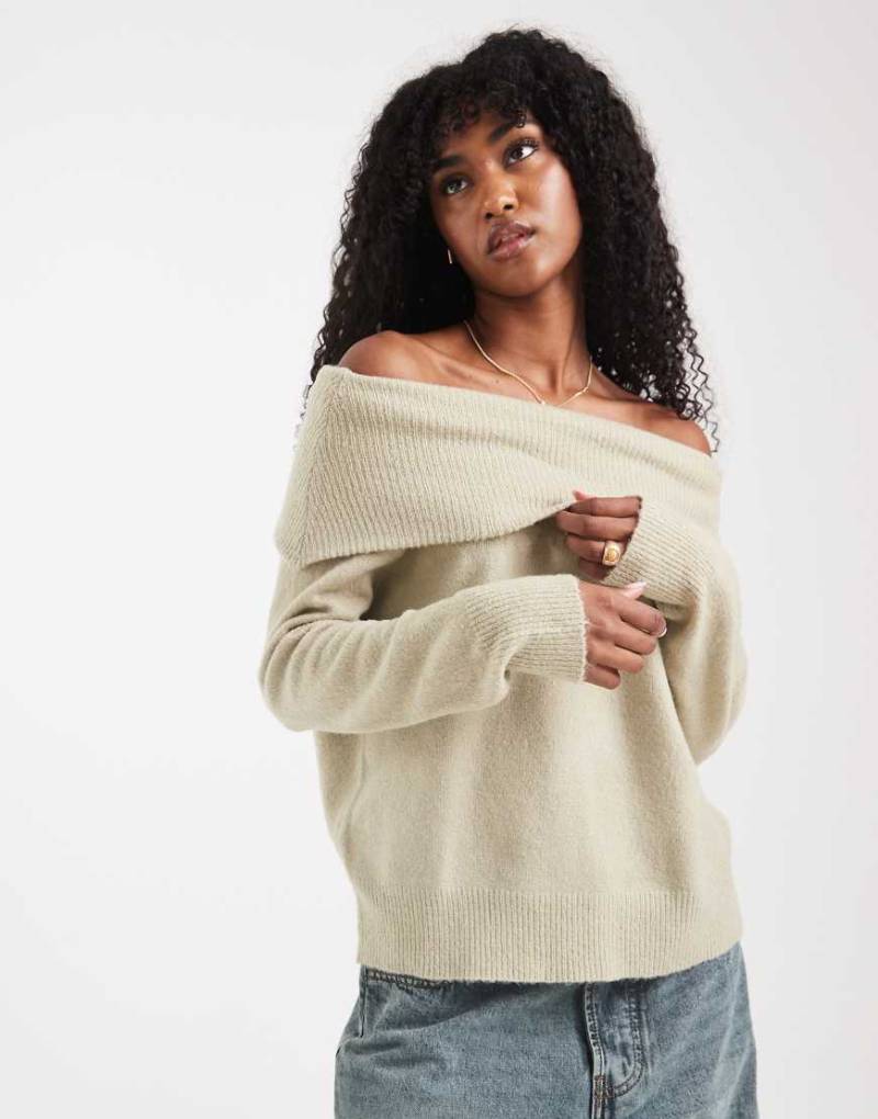Brave Soul - Strickpullover in Salbeigrün mit Carmen-Ausschnitt Brave Soul - Strickpullover in Salbeigrün mit Carmen-Ausschnitt von Brave Soul