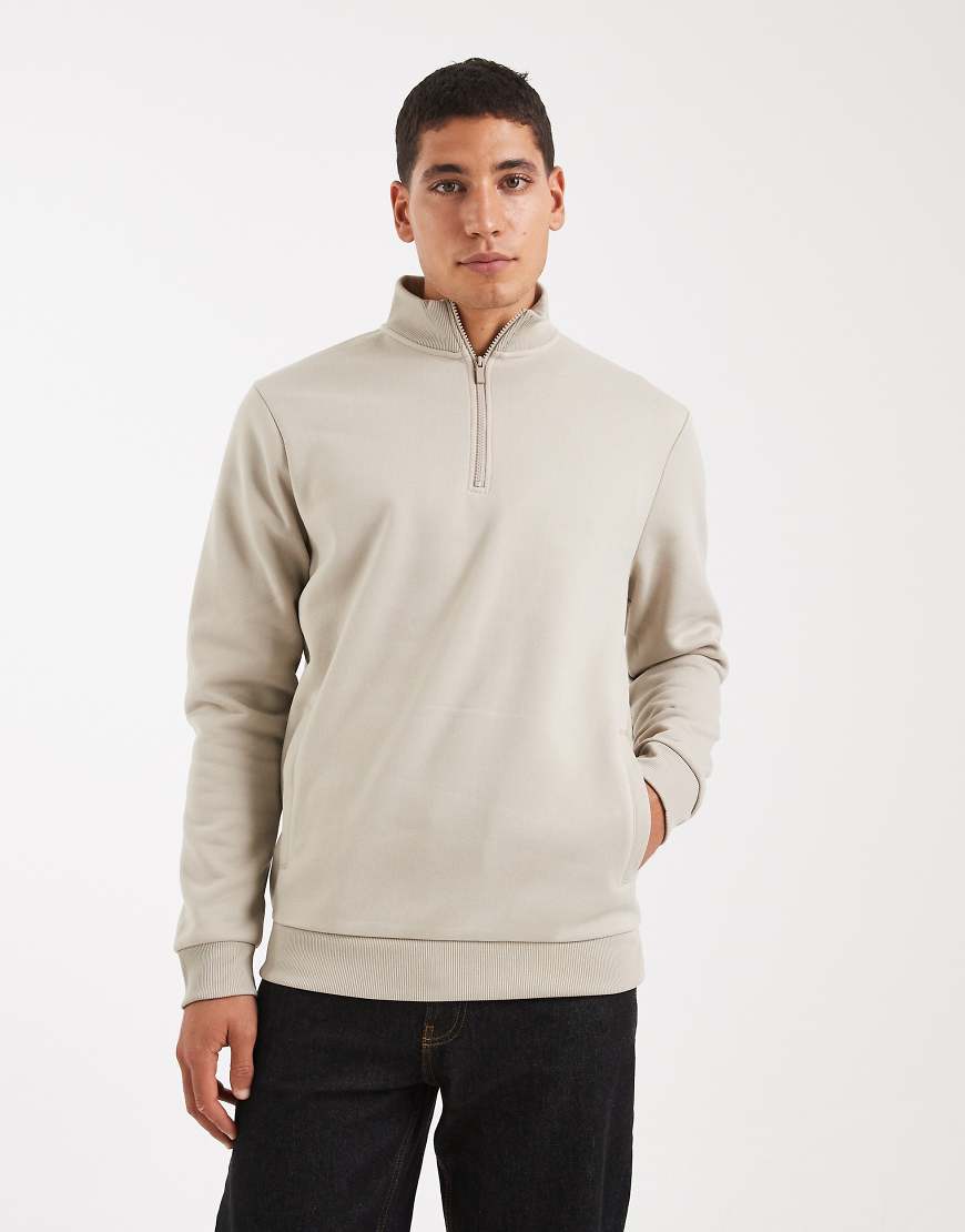 Brave Soul - Sweatshirt in Steinbeige mit kurzem Reißverschluss und Stehkragen-Neutral von Brave Soul