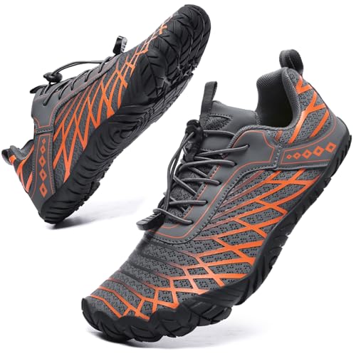 Barfußschuhe Weit Herren Damen Barfussschuhe Traillaufschuhe Five Finger Zehenschuhe Minimalistische Zero-Drop Sohlen Wanderschuhe Leicht Laufschuhe Komfort Fitnessschuhe Unisex Grauorange EU45 von Bravover