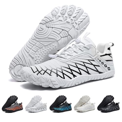Barfußschuhe Weit Herren Damen Barfussschuhe Traillaufschuhe Five Finger Zehenschuhe Minimalistische Zero-Drop Sohlen Wanderschuhe Leicht Laufschuhe Komfort Fitnessschuhe Unisex Weiß Schwarz EU36 von Bravover