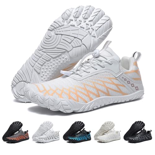 Barfußschuhe Weit Herren Damen Barfussschuhe Traillaufschuhe Five Finger Zehenschuhe Minimalistische Zero-Drop Sohlen Wanderschuhe Leicht Laufschuhe Komfort Fitnessschuhe Unisex Weißorange EU37 von Bravover