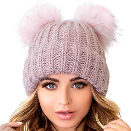 niceacsrise Braxton Beanie für Damen, 2 Bommeln, Zopfmuster, warme Fleece-Mütze, Wolle, Schnee-Manschette, Skimütze, Pink, Einheitsgröße von niceacsrise