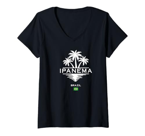 Damen Ipanema Brasilien Flagge Palmen Rio de Janeiro Souvenir T-Shirt mit V-Ausschnitt Damen Ipanema Brasilien Flagge Palmen Rio de Janeiro Souvenir T-Shirt mit V-Ausschnitt von Brazil Heritage Gifts Ipanema Rio de Janeiro