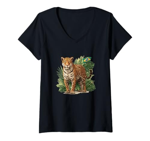 Damen Hübsche Jaguar-Katzenliebhaber suchen nach brasilianischen Liebhabern T-Shirt mit V-Ausschnitt Damen Hübsche Jaguar-Katzenliebhaber suchen nach brasilianischen Liebhabern T-Shirt mit V-Ausschnitt von Brazil Jaguar Outfit