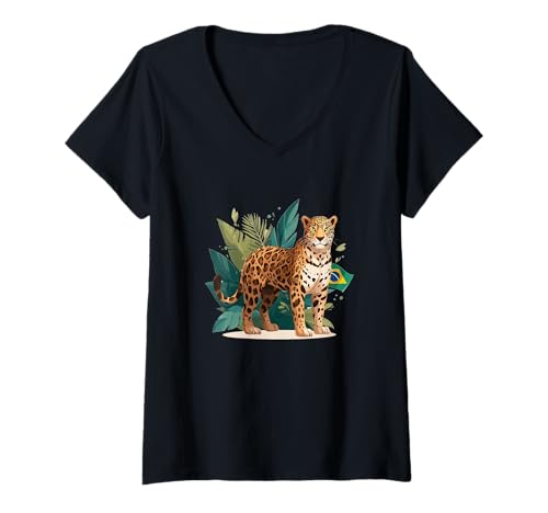 Damen Tolles brasilianisches Jaguar-Kostüm T-Shirt mit V-Ausschnitt Damen Tolles brasilianisches Jaguar-Kostüm T-Shirt mit V-Ausschnitt von Brazil Jaguar Outfit