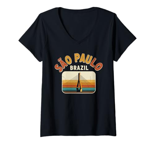 Damen São Paulo Brasilien Retro Vintage Skyline Ponte Estaiada Bridge T-Shirt mit V-Ausschnitt Damen São Paulo Brasilien Retro Vintage Skyline Ponte Estaiada Bridge T-Shirt mit V-Ausschnitt von Brazil Retro Apparel