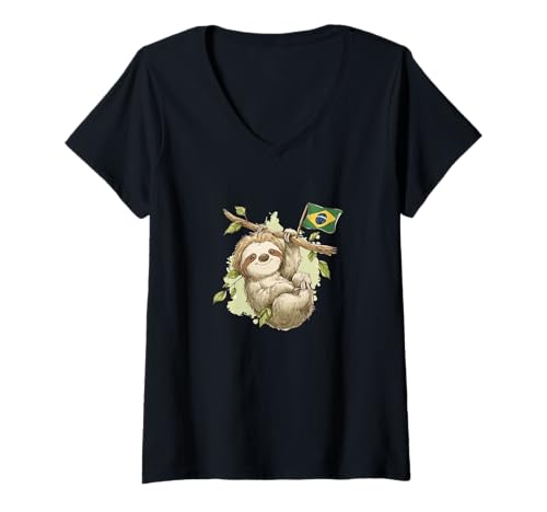 Damen Cooles brasilianisches Faultier Kostüm für Jungen und Mädchen T-Shirt mit V-Ausschnitt Damen Cooles brasilianisches Faultier Kostüm für Jungen und Mädchen T-Shirt mit V-Ausschnitt von Brazil Sloth Outfit