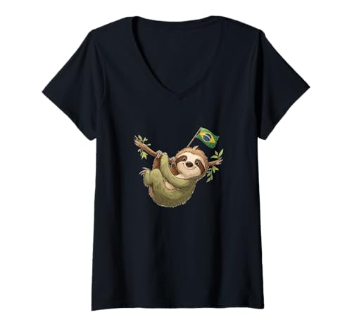 Damen Lächelndes Faultier im brasilianischen Stil Kostüm T-Shirt mit V-Ausschnitt Damen Lächelndes Faultier im brasilianischen Stil Kostüm T-Shirt mit V-Ausschnitt von Brazil Sloth Outfit