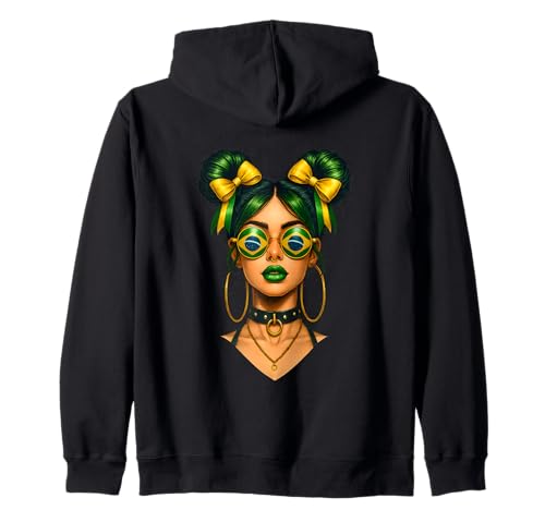 Brasilianische Afro-Schwarze Frau Brasilien-Flagge Mädchen unordentlicher Dutt Latina Kapuzenjacke Brasilianische Afro-Schwarze Frau Brasilien-Flagge Mädchen unordentlicher Dutt Latina Kapuzenjacke von Brazilian Girl Flag Brazil Travel Vacation Apparel