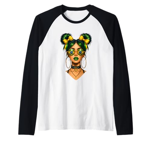 Brasilianische Afro-Schwarze Frau Brasilien-Flagge Mädchen unordentlicher Dutt Latina Raglan Brasilianische Afro-Schwarze Frau Brasilien-Flagge Mädchen unordentlicher Dutt Latina Raglan von Brazilian Girl Flag Brazil Travel Vacation Apparel