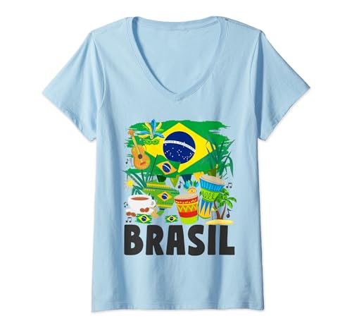 Damen Brasilien Flagge Outfit Idee für Frauen Brasilien & brasilianische Flagge T-Shirt mit V-Ausschnitt Damen Brasilien Flagge Outfit Idee für Frauen Brasilien & brasilianische Flagge T-Shirt mit V-Ausschnitt von Brazilian Themed Accessories Outfit Ideas For Kids