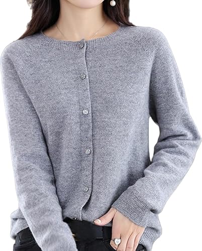 BreWel Kaschmir-Cardigan-Pullover für Damen, 100% Kaschmir-Cardigan mit Knopfleiste vorne und Langen Ärmeln, weicher, Warmer gestrickter, elastischer Pullover (Grau,L) von BreWel