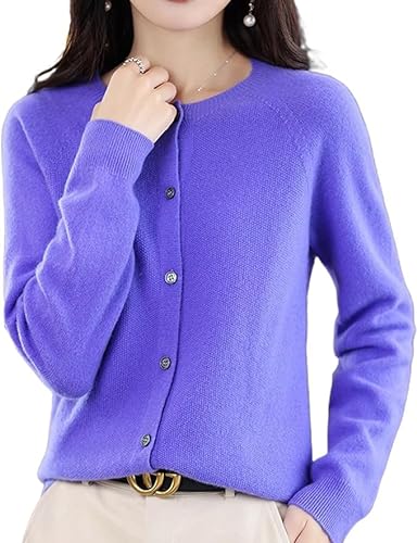 BreWel Kaschmir-Cardigan-Pullover für Damen, 100% Kaschmir-Cardigan mit Knopfleiste vorne und Langen Ärmeln, weicher, Warmer gestrickter, elastischer Pullover (Lila,M) von BreWel