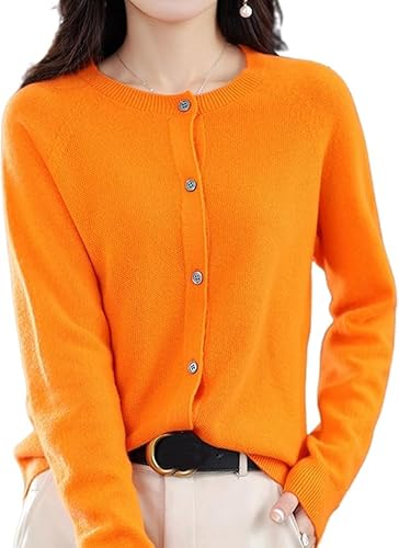 BreWel Kaschmir-Cardigan-Pullover für Damen, 100% Kaschmir-Cardigan mit Knopfleiste vorne und Langen Ärmeln, weicher, Warmer gestrickter, elastischer Pullover (Orange,M) von BreWel