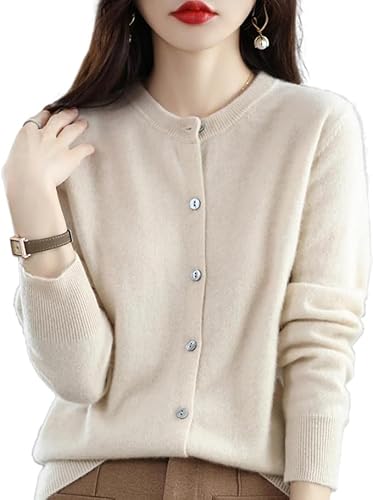 Kaschmir-Cardigan-Pullover für Damen, 100% Kaschmir-Cardigan mit Knopfleiste vorne und Langen Ärmeln, weicher, Warmer gestrickter, elastischer Pullover (Beige,L) von BreWel